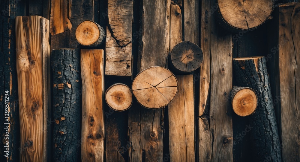 Poster textured wooden logs and planks arranged artistically as a rustic background for design projects and
