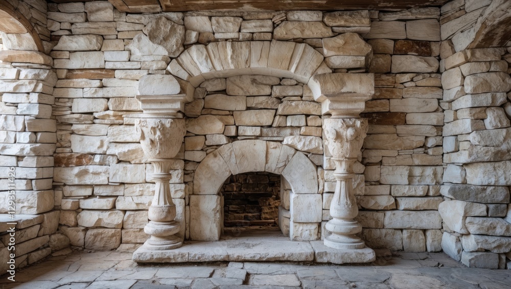 Poster elegant vintage stone fireplace with intricate architectural details in a rustic setting. timeless d