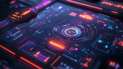 Obraz premium Abstract futuristic technology interface neon glowing digital panel display screen background ui hud