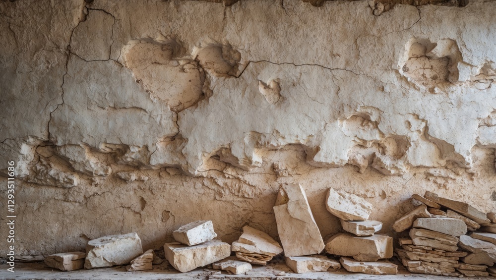 Poster ancient wall with cracked texture and stone debris creating a rustic and weathered atmosphere for ar