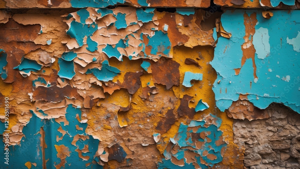Poster peeling paint and rusty textures on an old wall showcasing vibrant colors and abstract patterns. ide