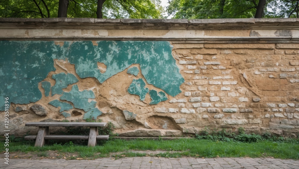 Poster weathered wall texture with peeling paint in a public park setting featuring a bench and lush greene