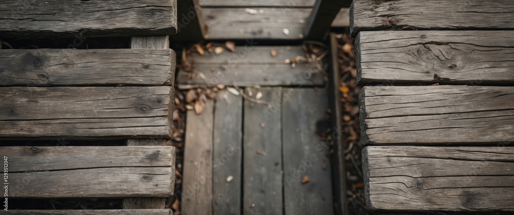 Poster weathered wooden planks forming a rustic pathway with ample empty space for text or message overlay 