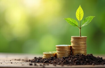 Green business footprint concept. Bank finances sustainability investment, carbon credit, tax. Tree leaf icon, stack of coins, plant growing. ESG, co2 trading fund, finance, earth.