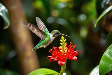 Fototapeta premium An emerald-green hummingbird hovers midair, sipping nectar from a vivid red flower deep within the tropical rainforest.