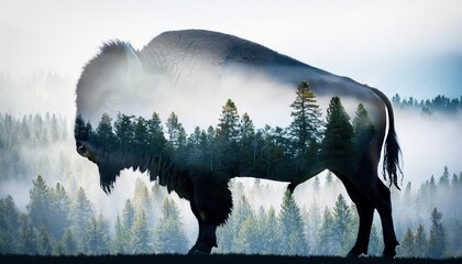 Majestic Bison Roam Amidst Mystic Fog in a Foreboding Forest, Embracing the Enigmatic Charm of Wild American Plains.