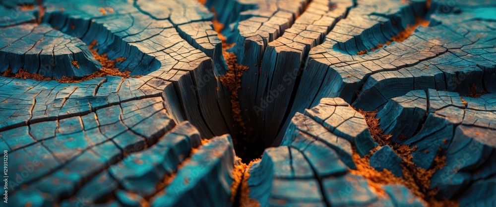 Poster cracked surface of an old tree stump showcasing intricate patterns and textures with warm earthy ton