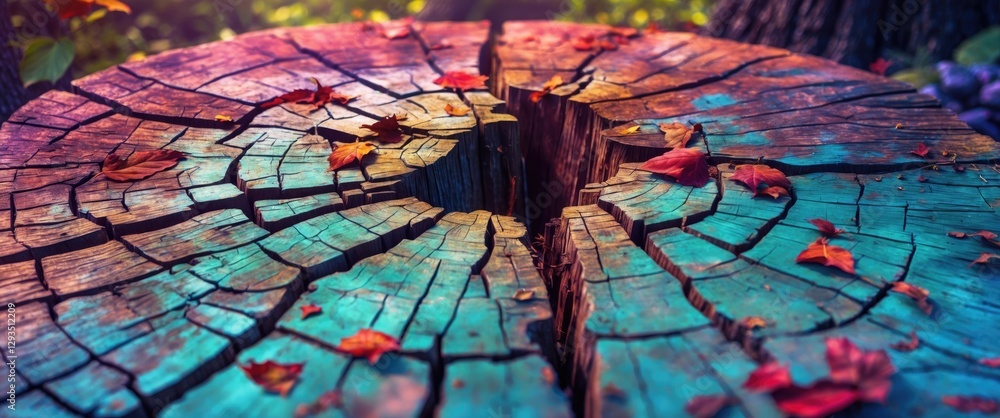 Poster vibrant old tree stump with intricate cracks and colorful leaves creating a unique natural backgroun