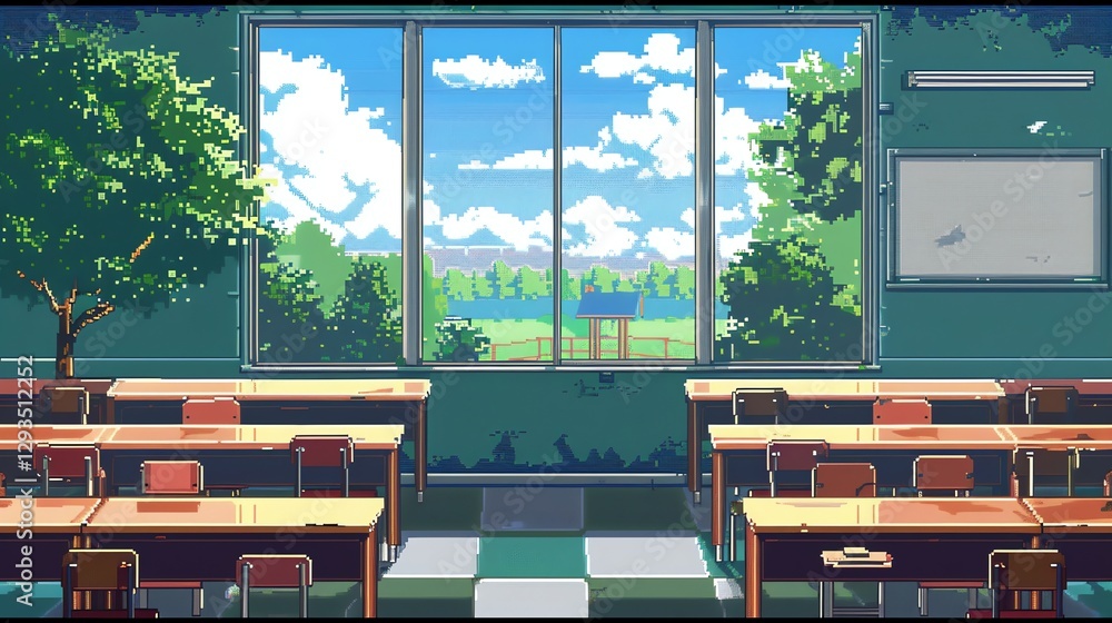 Poster pixel art of an empty classroom with a view of a playground outside the window.