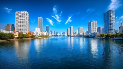 Fototapeta premium Cityscape, river reflection, sunny day, urban background, travel