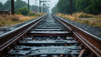 Rustic old train tracks glistening with rainwater amidst a lush green landscape on a rainy day.