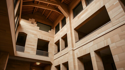 Modern Minimalist Architectural Interior: Multi-Story Atrium with Light Brown Stone, Exposed Wooden Beams, Natural Light, and Geometric Design