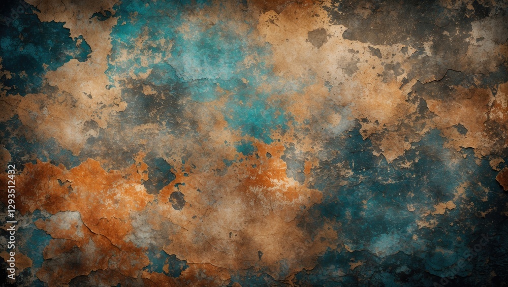 Poster abstract grunge background featuring textured layers of rust orange and teal hues for artistic and d