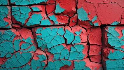 Cracked turquoise and red wall texture showcasing weathered paint with distinct peeling and chipping effects in a vertical layout.
