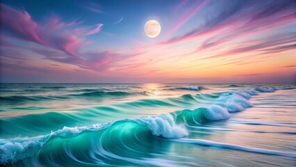 Obraz premium Serene Ocean Waves at Sunset with Colorful Sky and Full Moon