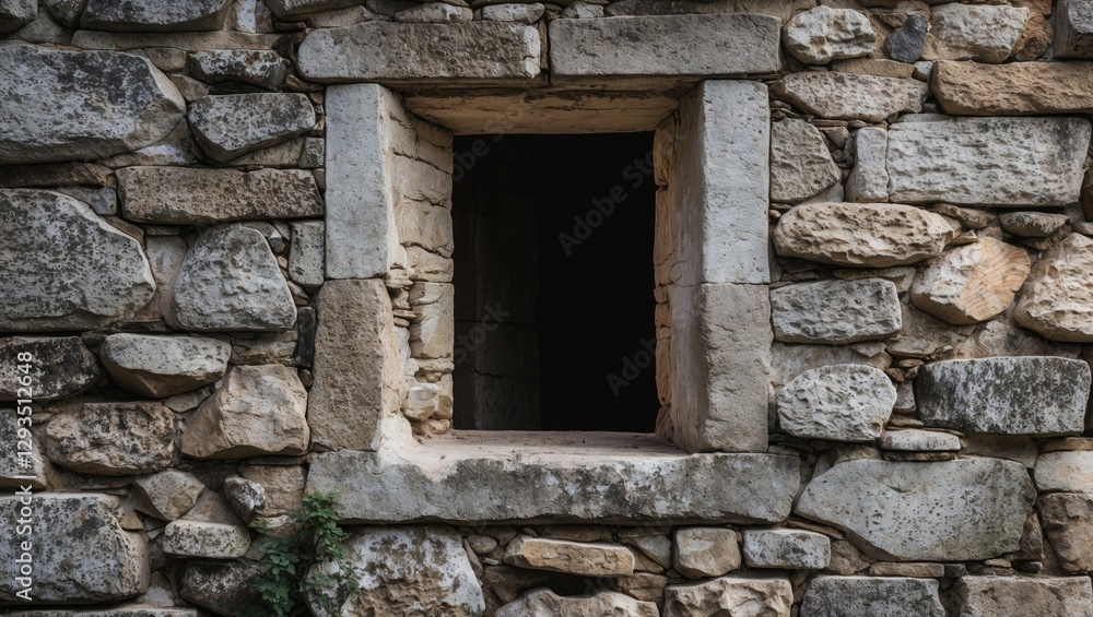Poster weathered stone wall with a rectangular window opening showcasing aged textures and materials in an 
