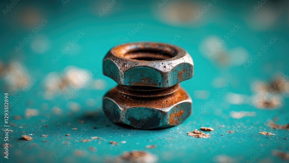 Poster rusty screw nut on turquoise surface with selective focus highlighting its weathered texture and int