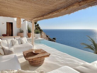 A white house with a pool and a patio. The pool is surrounded by a white railing. The patio has a table and chairs. The house is overlooking the ocean