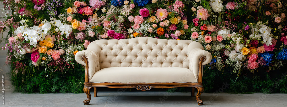 Wall mural a vintage sofa with soft, velvety fabric and elegant wooden legs sits in front of an array of colorf