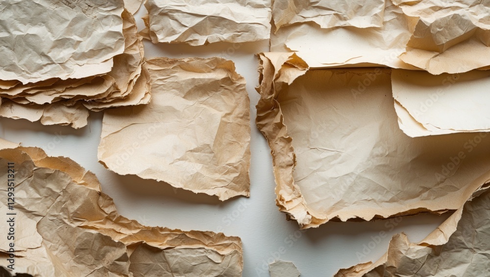 Poster textured vintage paper sheets scattered on a white background creating a rustic and artistic composi