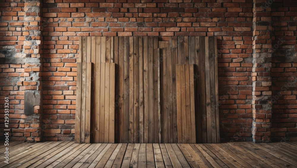 Poster rustic wooden panel against a brick wall in an old room setting with a wooden floor creating a warm 