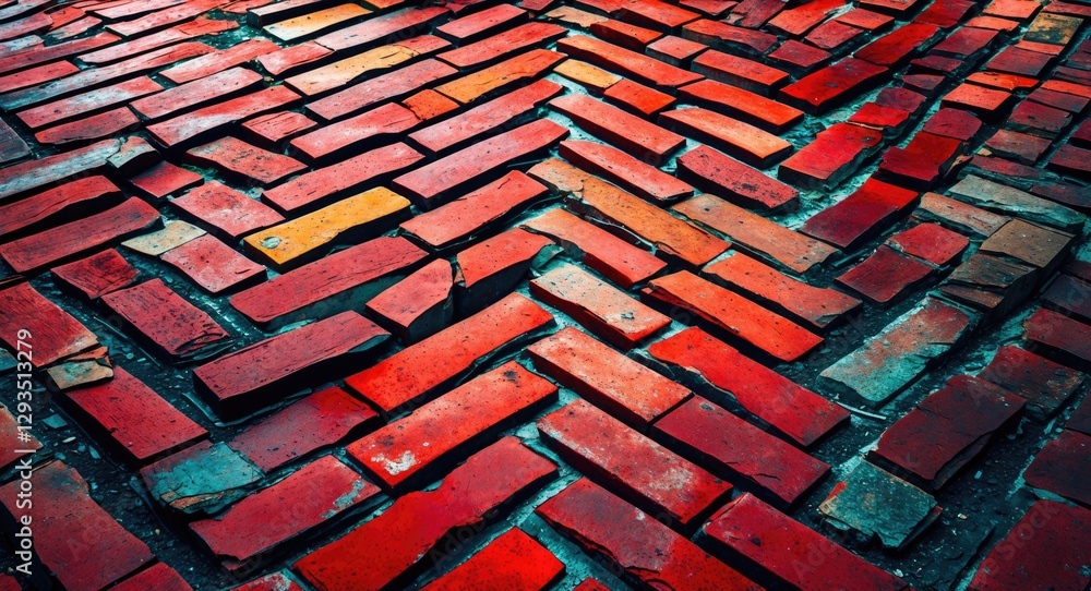 Poster red brick pavement displaying a unique zigzag pattern emphasizing texture and color variations in an