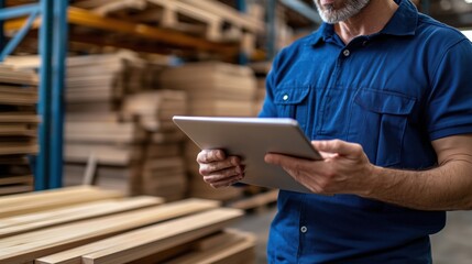 Skilled worker using tablet in warehouse filled with wooden materials, focusing on modern technology in manufacturing and logistics operations