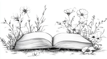Simple outline sketch of a closed book with loose strokes and hatching marks, surrounded by wildflowers, focused on the book cover with clear space for title placement in a serene literary design.
