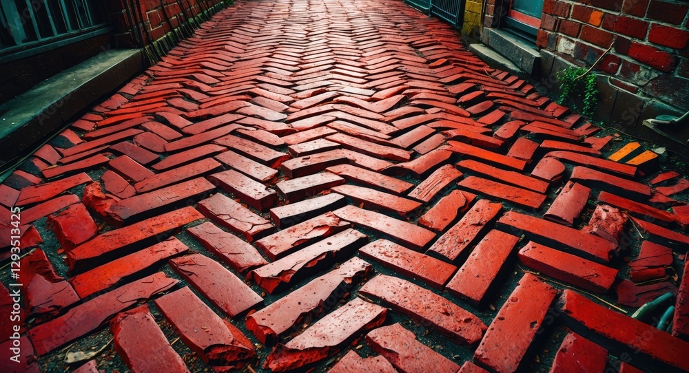 Poster red brick pavement with a zigzag pattern in a vintage urban setting showcasing wear and character in