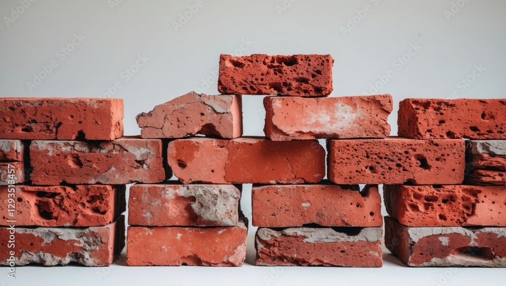 Poster weathered red bricks arranged on a white background showcasing texture and character suitable for co