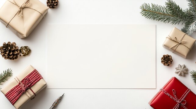 Festive gifts and decorations arranged with blank paper for holiday greeting or invitation.