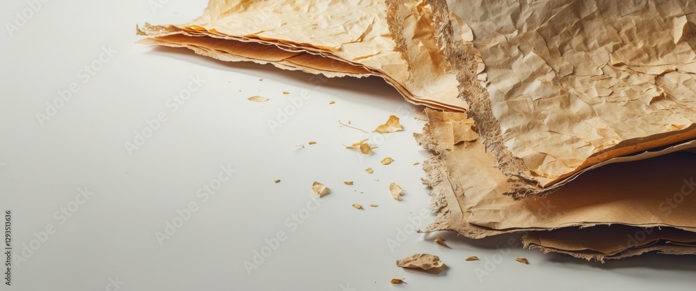 Poster vintage crumpled paper with rough edges and scattered debris on a white background for artistic and 