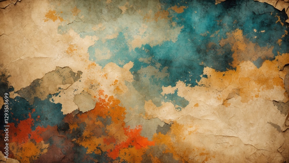 Poster vintage textured paper background with abstract watercolor patterns in warm and cool tones for creat