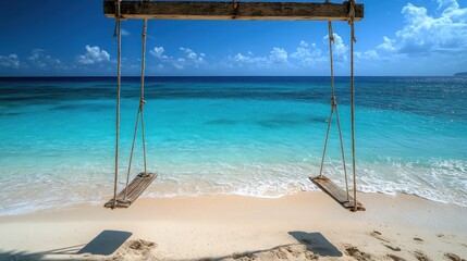 Wooden swings over turquoise beach