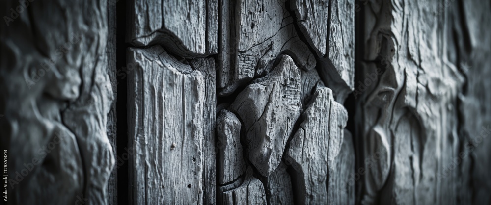 Poster detailed macro shot of aged painted wood texture with intricate patterns and black and white filter 