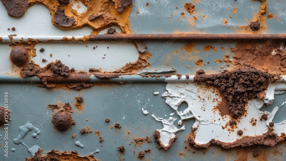 Poster rusty metal surface showcasing layers of old paint and primer, creating a unique textured pattern wi