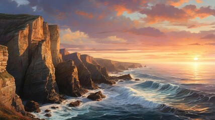 Cliffs at Sunset, Ocean Waves in a Rugged Landscape