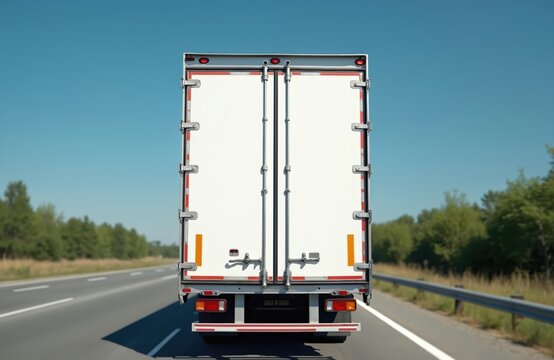 Rear of semi truck driving on highway against blue sky. White van truck used for cargo transportation, shipping. Heavy automobile vehicle on asphalt road. Commercial fast delivery, industrial