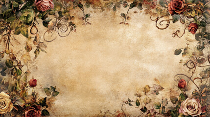 Ornate illuminated manuscript-style border intricate floral vines medieval botanical elements parchment nature background cottagecore rich colors, delicate fairy-tale flower garden copy space