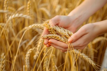 A close-up shot of a girl holding ears of ripe wheat in her hands. Neural network ai generated