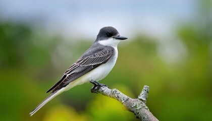 Vivid Vireo Eastern Kingbird Perched Majestically on a Gnarled Branch, Amidst Lush Green Tropical Rainforest Canopy, Beneath Azure Skies Filled with Dappled Sunlight.