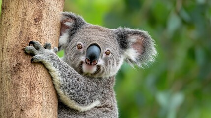 Fototapeta premium Cute koala clings to tree, showcasing fluffy fur and playful exp