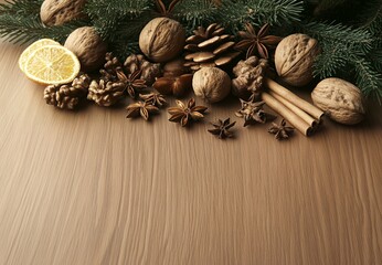 Obraz premium Winter Spices Walnuts Fir Branches Festive Background food star pine cone wood warm cozy