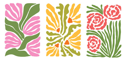Set of groovy floral botanical background in trendy naive retro hippie 60s 70s style. Vertical poster with abstract wavy flower rose