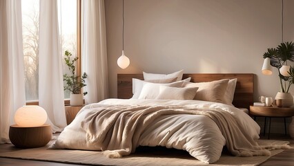 1. "Serene Bedroom Corner with a Neatly Made Bed, Fluffy Pillows, and Soft Area Rug, Bathed in Warm Light from a Bedside Lamp"