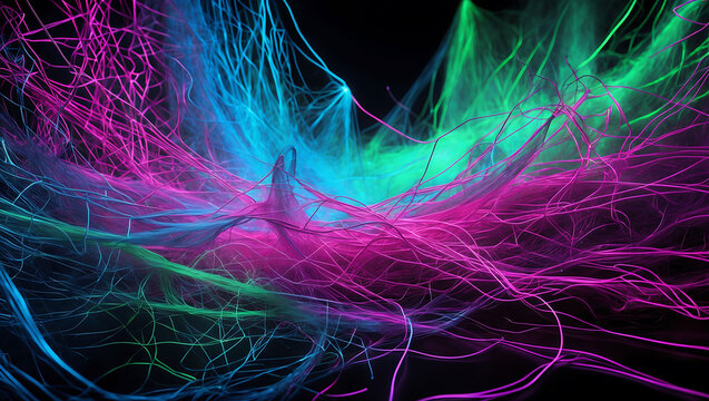 Tangled web of neon threads glowing in deep contrast