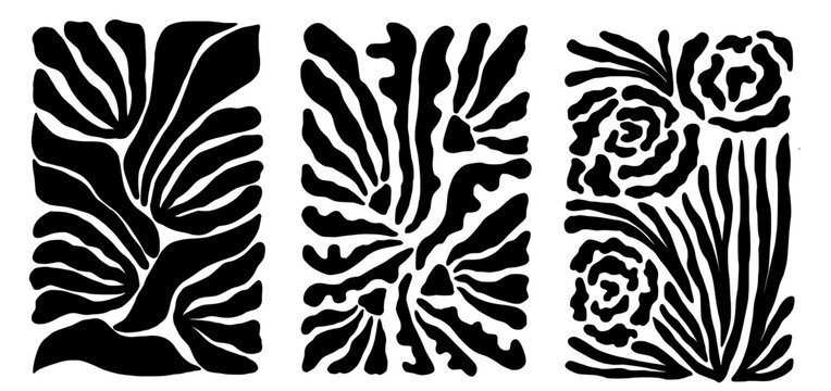 Set of groovy floral botanical black background in trendy naive retro hippie 60s 70s style. Vertical poster with silhouette abstract wavy flower