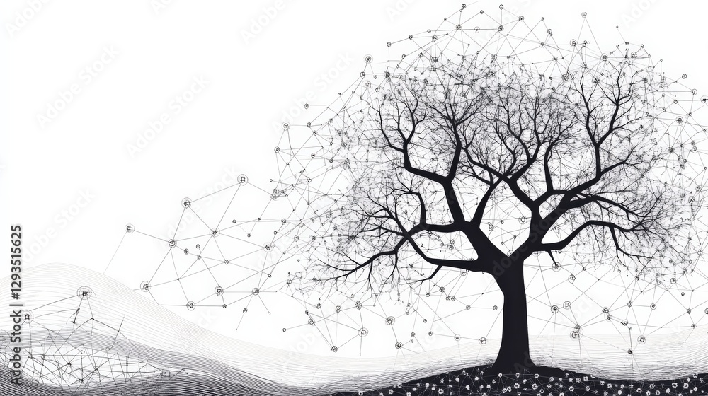 Poster abstract representation of a tree with a network of connections and a flowing background