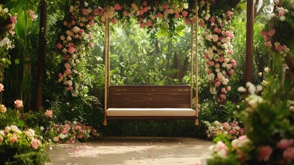 Romantic Garden Swing Surrounded by Beautiful Floral Arrangements