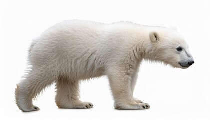 Polar Bear Cub Standing Isolated on White Background, Freestanding in Arctic Winter Wonderland, Radiating Innocence and Tranquility.